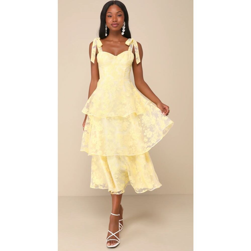 NWT Lulus Glamorous Sweetie Yellow Burnout Tie-Strap Bustier Midi Dress Medium